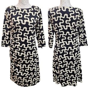 J. Mclaughlin Catalina Cloth Ruched Puzzle Print Dress Size Medium 3/4 Sleeve
